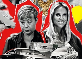 Montaje gráfico de dos mujeres junto a coches de lujo, joyas y recortes de prensa sobre un fondo rojo