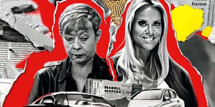 Montaje gráfico de dos mujeres junto a coches de lujo, joyas y recortes de prensa sobre un fondo rojo