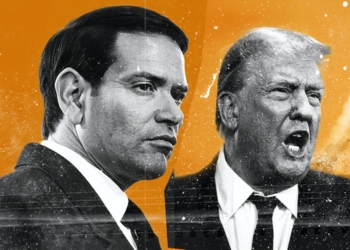 Trump lo hace de nuevo: Montaje gráfico de Marco Rubio y Donald Trump sobre un fondo naranja con estética dramática