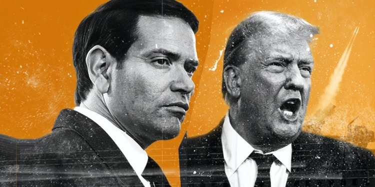 Trump lo hace de nuevo: Montaje gráfico de Marco Rubio y Donald Trump sobre un fondo naranja con estética dramática