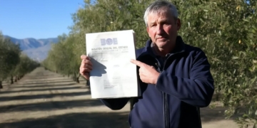 Hombre sostiene un documento del Boletín Oficial del Estado en medio de un cultivo de olivos.