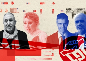 Montaje gráfico con Yolanda Díaz y varias figuras políticas y sindicales sobre un fondo con símbolos, billetes y elementos gráficos en rojo y azul.