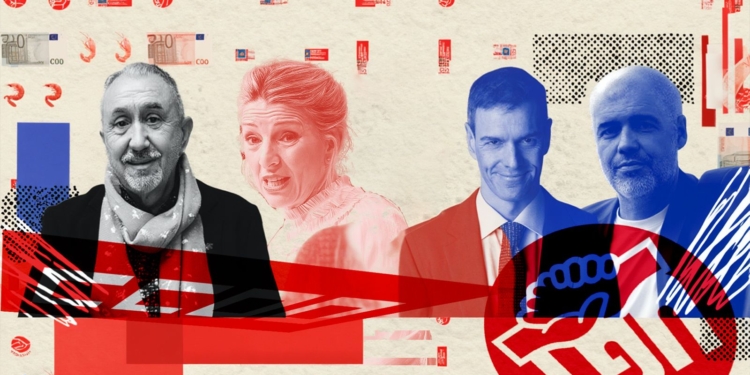 Montaje gráfico con Yolanda Díaz y varias figuras políticas y sindicales sobre un fondo con símbolos, billetes y elementos gráficos en rojo y azul.