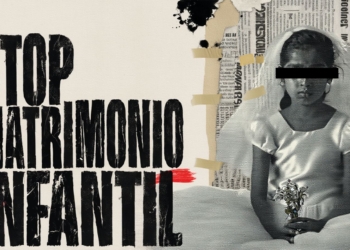Cartel con el mensaje “Stop matrimonio infantil” junto a la imagen de una niña con los ojos cubiertos por una franja negra. por la noticia publicada de los detenidos por casar a su hija menor