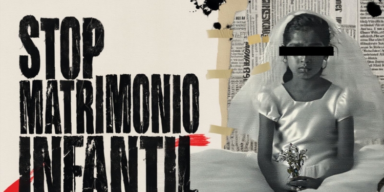 Cartel con el mensaje “Stop matrimonio infantil” junto a la imagen de una niña con los ojos cubiertos por una franja negra. por la noticia publicada de los detenidos por casar a su hija menor