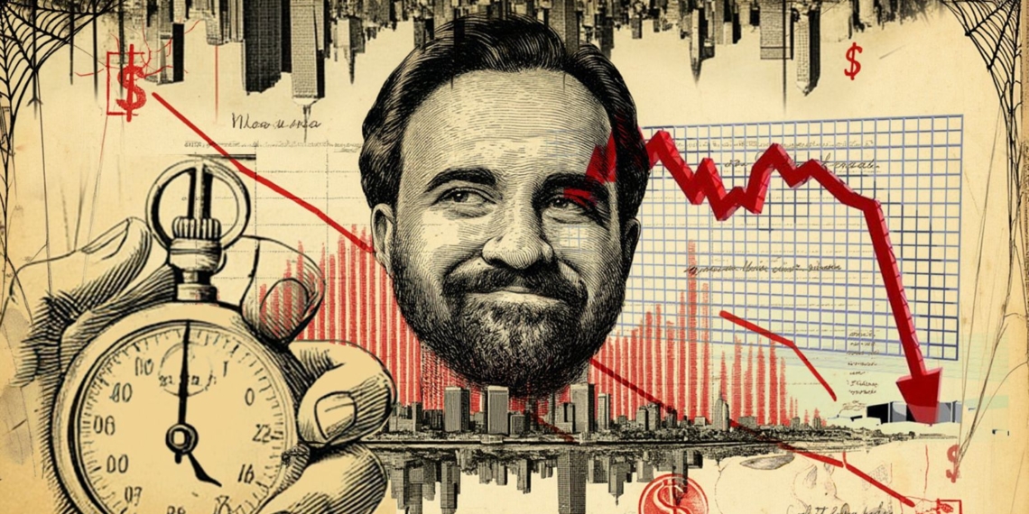 Ilustración de la situación de Nueva York con el rostro de Zohran Mamdani rodeado de gráficos económicos descendentes y símbolos financieros