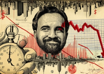Ilustración de la situación de Nueva York con el rostro de Zohran Mamdani rodeado de gráficos económicos descendentes y símbolos financieros
