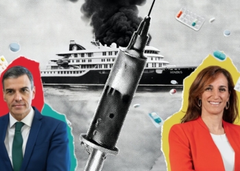 Montaje gráfico con Pedro Sánchez y Mónica García en un barco, una jeringa y medicamentos dispersos.
