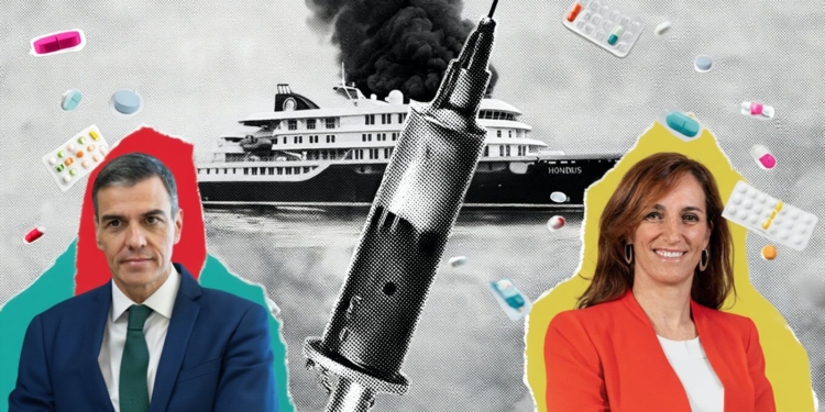 Montaje gráfico con Pedro Sánchez y Mónica García en un barco, una jeringa y medicamentos dispersos.
