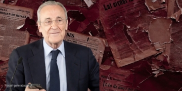 Montaje digital de Florentino Pérez con traje frente a periódicos antiguos y papeles rasgados.