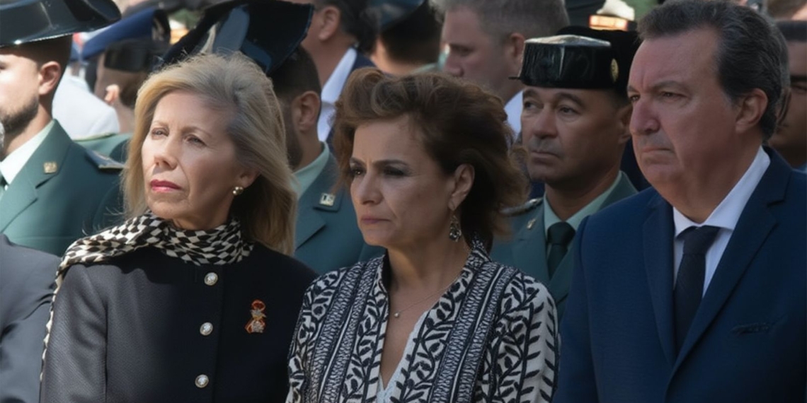 Maria Jesús Montero, varias autoridades y miembros de seguridad durante un acto oficial (funeral) al aire libre.