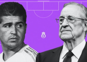 Enrique Riquelme y Florentino Pérez frente al escudo del club en tonos morados