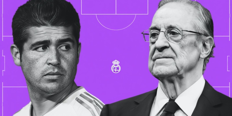 Enrique Riquelme y Florentino Pérez frente al escudo del club en tonos morados