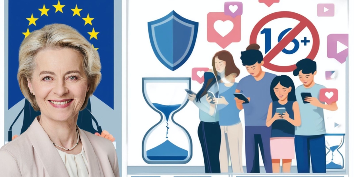 Montaje gráfico sobre el control digital europeo y una ilustración sobre protección de menores y redes sociales.