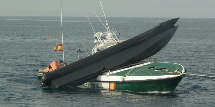 Sánchez claudica y el Gobierno se rinde ante el narcotráfico. Imagen descriptiva de embarcación semirrígida volcada parcialmente sobre una patrullera en medio del mar.