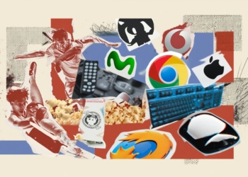 Imagen para hablar de la noticia de Laliga en collage digital con futbolistas, dispositivos electrónicos y logotipos de empresas tecnológicas y telecomunicaciones.