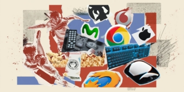 Imagen para hablar de la noticia de Laliga en collage digital con futbolistas, dispositivos electrónicos y logotipos de empresas tecnológicas y telecomunicaciones.