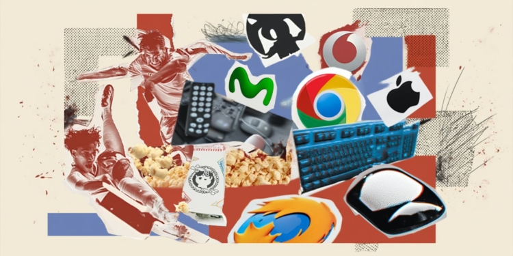 Imagen para hablar de la noticia de Laliga en collage digital con futbolistas, dispositivos electrónicos y logotipos de empresas tecnológicas y telecomunicaciones.