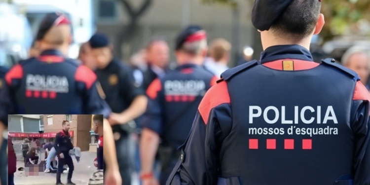Tiroteo en Barcelona: Agentes de los Mossos d'Esquadra durante una intervención policial en una calle, con una pequeña imagen insertada de un fallecido por tiroteo.