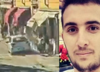 Brutal video de Módena . Composición dividida entre una imagen urbana de baja calidad del atropello masivo y el retrato del presunto autor del atropello joven con barba mirando a cámara.