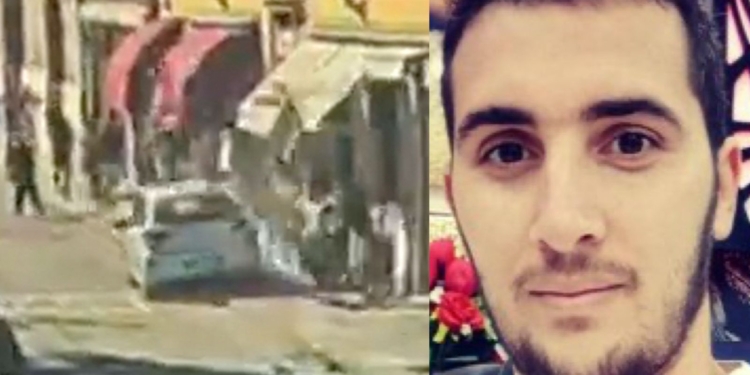Brutal video de Módena . Composición dividida entre una imagen urbana de baja calidad del atropello masivo y el retrato del presunto autor del atropello joven con barba mirando a cámara.