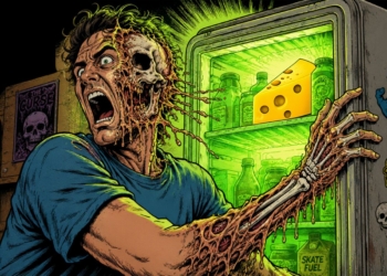 Alerta: Ilustración de terror donde por la listeria un joven se transforma en una criatura monstruosa frente a un frigorífico iluminado con un trozo de queso fresco en el interior por no leer la lista de alimentos infectados que se facilita en este artículo