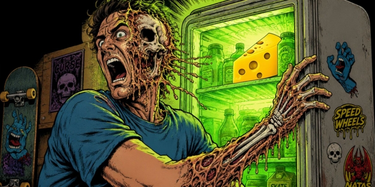 Alerta: Ilustración de terror donde por la listeria un joven se transforma en una criatura monstruosa frente a un frigorífico iluminado con un trozo de queso fresco en el interior por no leer la lista de alimentos infectados que se facilita en este artículo
