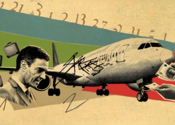 Ilustración de un avión junto a un Pedro Sánchez y manos intercambiando billetes.