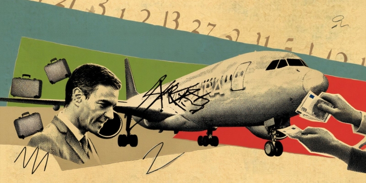Ilustración de un avión junto a un Pedro Sánchez y manos intercambiando billetes.