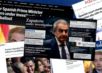 El mundo señala al socialismo español: Collage de titulares internacionales sobre José Luis Rodríguez Zapatero y una investigación política.