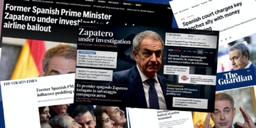 El mundo señala al socialismo español: Collage de titulares internacionales sobre José Luis Rodríguez Zapatero y una investigación política.