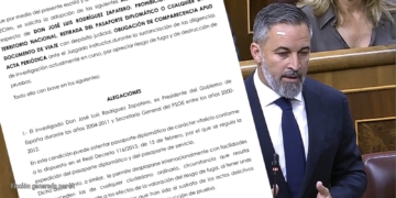 Vox exige la retirada inmediata del pasaporte a Zapatero. Documento judicial sobre José Luis Rodríguez Zapatero junto a una imagen de Santiago Abascal en el Congreso.