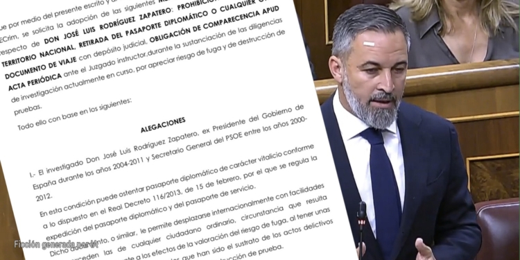 Vox exige la retirada inmediata del pasaporte a Zapatero. Documento judicial sobre José Luis Rodríguez Zapatero junto a una imagen de Santiago Abascal en el Congreso.