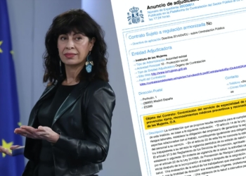 Igualdad desvía fondos públicos a Quirón para sus empleadas. Ministra de Igualdad a una bandera europea junto a un documento oficial de contratación pública.