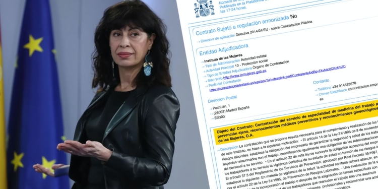 Igualdad desvía fondos públicos a Quirón para sus empleadas. Ministra de Igualdad a una bandera europea junto a un documento oficial de contratación pública.