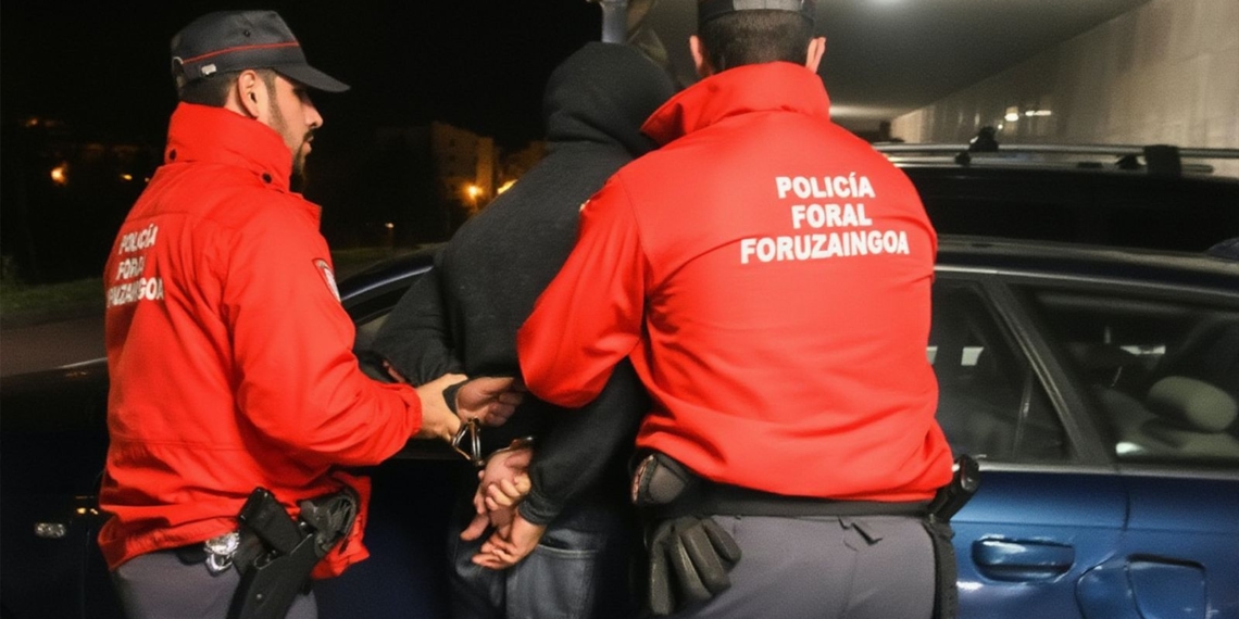Inseguridad migratoria en Navarra: el 90% de los detenidos son magrebíes. Agentes de la Policía Foral custodian a una persona junto a un vehículo durante la noche.