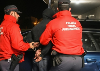 Inseguridad migratoria en Navarra: el 90% de los detenidos son magrebíes. Agentes de la Policía Foral custodian a una persona junto a un vehículo durante la noche.