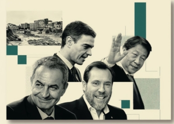Sánchez, heredero de la red clientelar de Zapatero. Collage de Pedro Sánchez, Fangyong Du, Jose Luis Rodríguez Zapatero y Óscar Puente en tonos neutros y una imagen urbana al fondo.