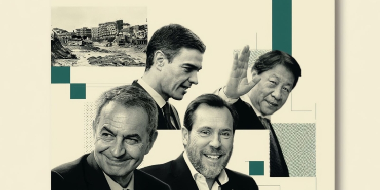 Sánchez, heredero de la red clientelar de Zapatero. Collage de Pedro Sánchez, Fangyong Du, Jose Luis Rodríguez Zapatero y Óscar Puente en tonos neutros y una imagen urbana al fondo.