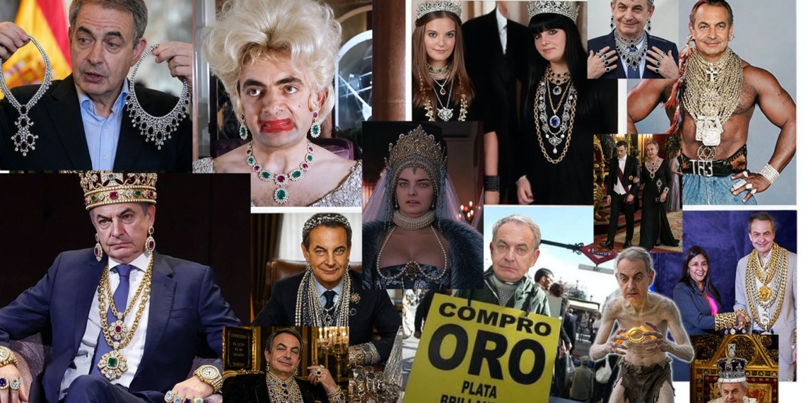 Drama español: ver el meme, no ver el robo. Collage satírico con una misma figura en distintas imágenes luciendo joyas llamativas.