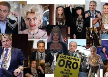 Drama español: ver el meme, no ver el robo. Collage satírico con una misma figura en distintas imágenes luciendo joyas llamativas.