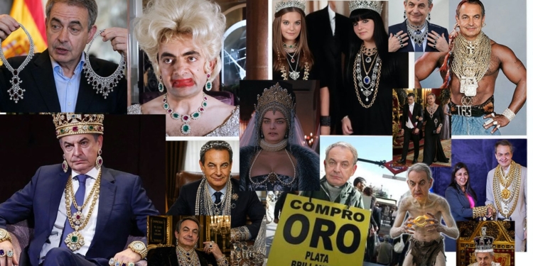 Drama español: ver el meme, no ver el robo. Collage satírico con una misma figura en distintas imágenes luciendo joyas llamativas.