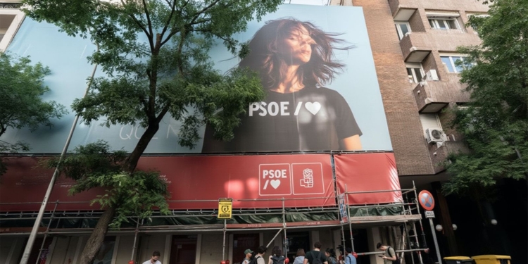 Registro de la UCO en Ferraz: investigan financiación ilegal del PSOE. Fachada de un edificio con una gran lona del PSOE y personas en la acera.
