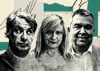 Sexo, poder y traición: la fontanera que vendió al sanchismo. En imagen Vicente Fernández, Leire Díez y Santos Cerdán sobre un fondo gráfico con formas geométricas y trazos abstractos.
