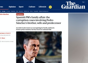 Cerco internacional a Sánchez: la corrupción en el PSOE que ya no se puede ocultar. Captura de una noticia del diario The Guardian sobre Pedro Sánchez y varios casos de corrupción vinculados a su entorno familiar.