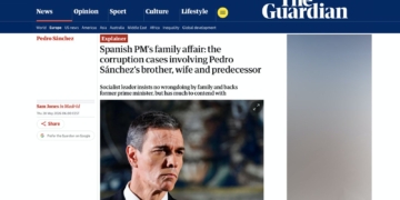 Cerco internacional a Sánchez: la corrupción en el PSOE que ya no se puede ocultar. Captura de una noticia del diario The Guardian sobre Pedro Sánchez y varios casos de corrupción vinculados a su entorno familiar.