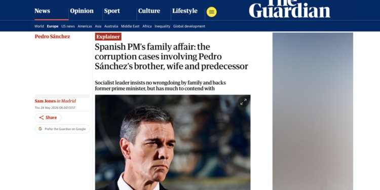 Cerco internacional a Sánchez: la corrupción en el PSOE que ya no se puede ocultar. Captura de una noticia del diario The Guardian sobre Pedro Sánchez y varios casos de corrupción vinculados a su entorno familiar.