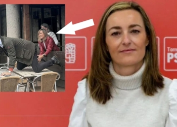Lourdes Solís: la conexión directa entre Begoña y la gerente imputada. Montaje gráfico con el retrato de una mujer y una imagen insertada de varias personas en una terraza señaladas con una flecha.