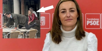 Lourdes Solís: la conexión directa entre Begoña y la gerente imputada. Montaje gráfico con el retrato de una mujer y una imagen insertada de varias personas en una terraza señaladas con una flecha.