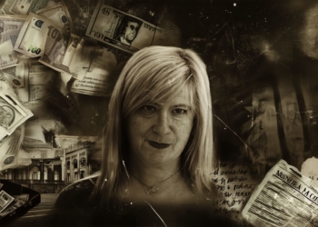 Caso Leire: Novedades tras el levantamiento parcial del sumario. Montaje gráfico en tonos oscuros con el retrato de una mujer rodeada de imágenes de dinero, documentos y edificios.